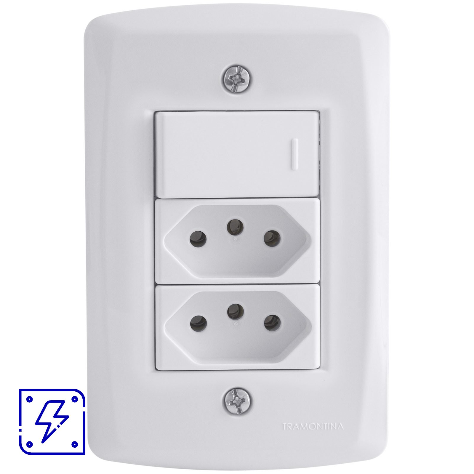 Conjunto 4x2 com 1 Interruptor Simples 10 A 250 V e 2 Tomadas 2P+T 10 A 250 V Tramontina Lux2 Branco 10 UNIDADES EMB.MINIMA