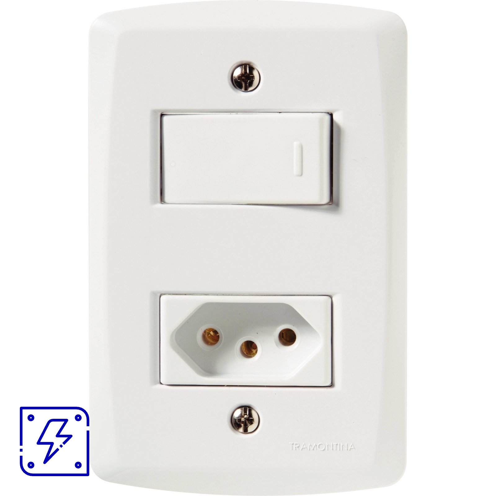 Conj. 4X2 - 1 interruptor simples 10A 250V~ + 1 tomada 2P+T 10A 250V~ 120 UNIDADES EMB.MINIMA
