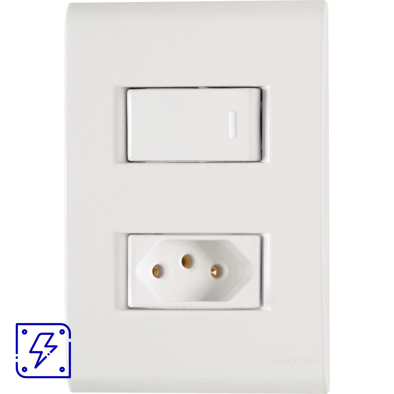 Conjunto 4x2 com 1 Interruptor Simples 10 A 250 V e 1 Tomada 2P+T 10 A 250 V Tramontina Liz Branco 120 unidades 120 UNIDADES EMB.MINIMA