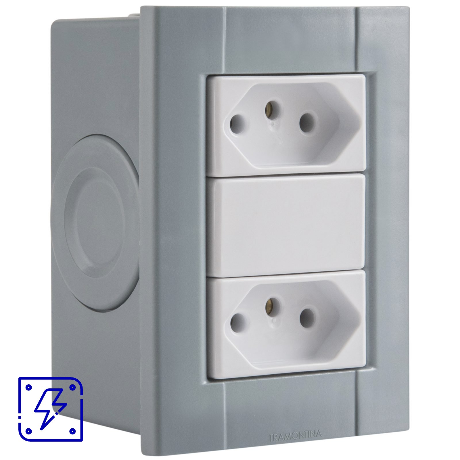 Conjunto de 2 Tomadas 2P+T Tramontina Plastibox Cor Cinza 10 A 250 V 12 UNIDADES EMB.MINIMA