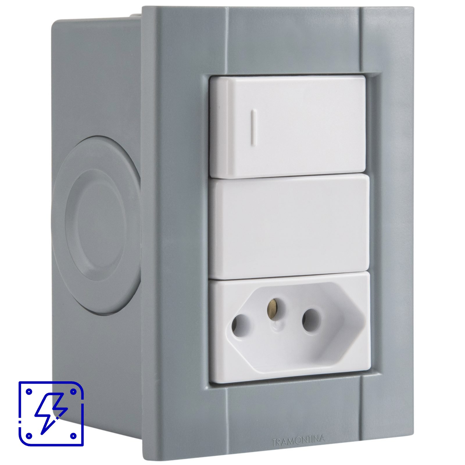 Conjunto de 1 Interruptor Simples e 1 Tomada 2P+T Tramontina Plastibox Cor Cinza 20 A 250 V 12 UNIDADES EMB.MINIMA