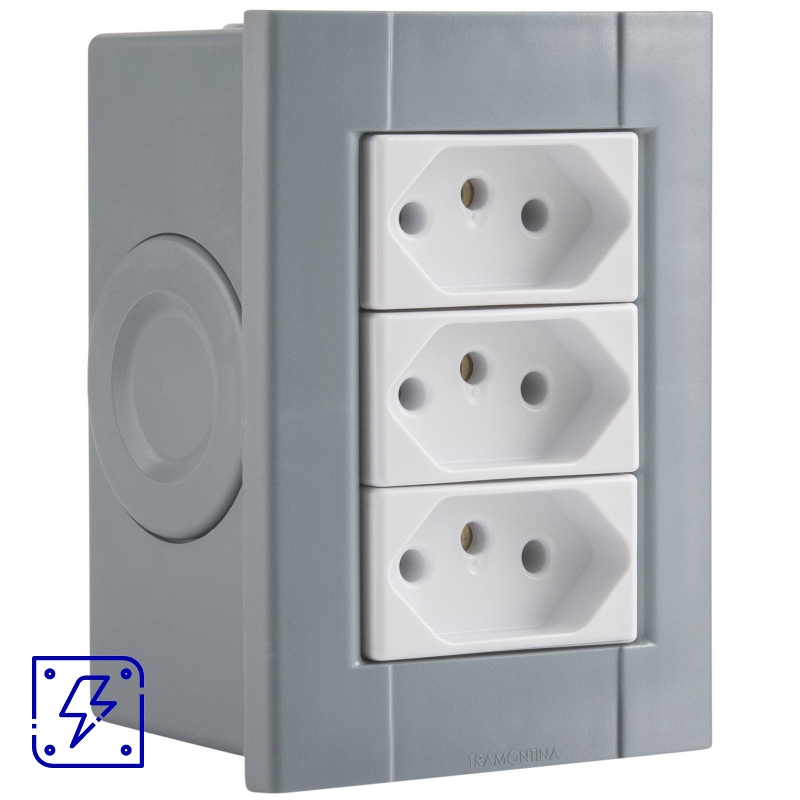 Conjunto de 3 Tomadas 2P+T Tramontina Plastibox Cor Cinza 10 A 250 V 12 UNIDADES EMB.MINIMA