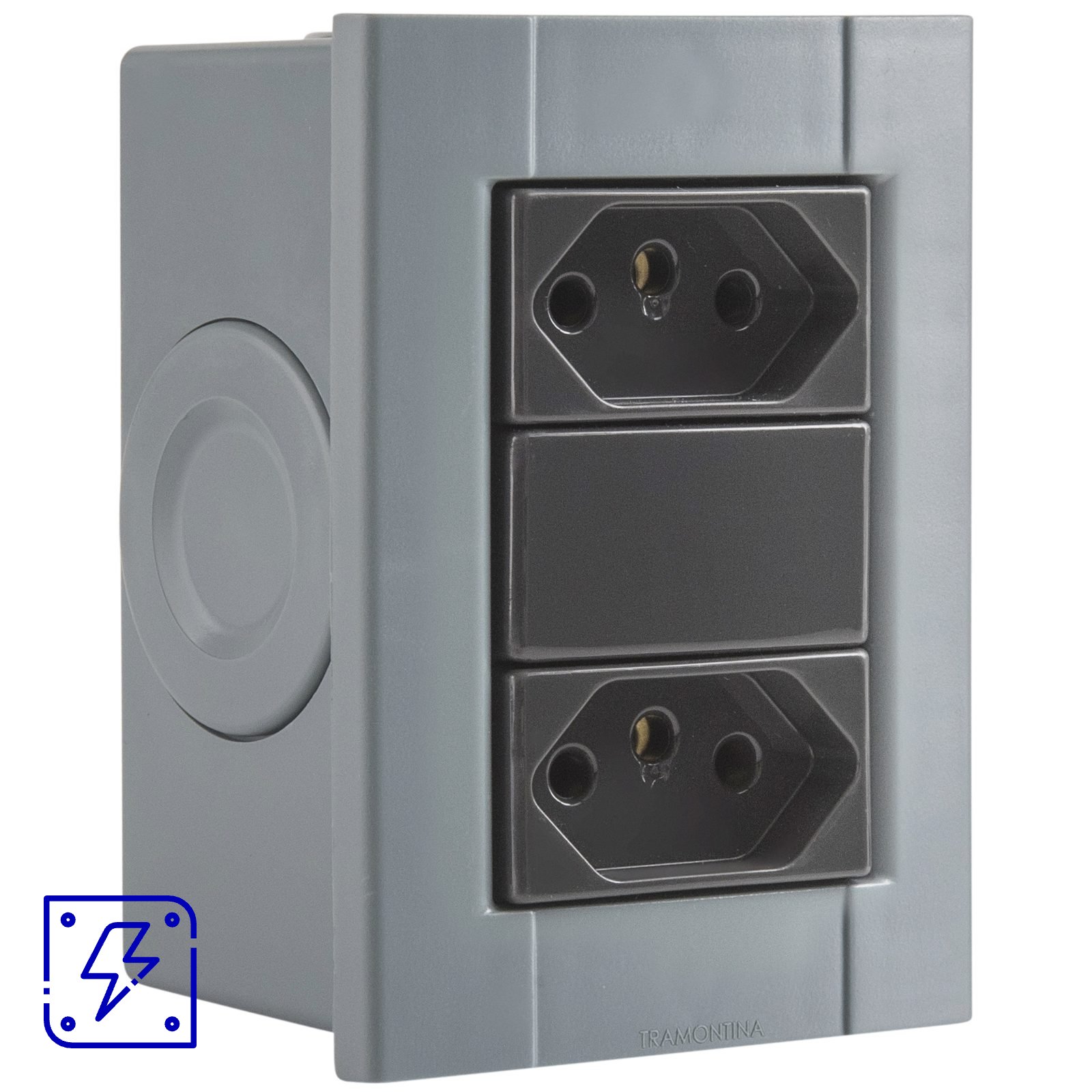 Conjunto de 2 Tomadas 2P+T Tramontina Plastibox na cor Cinza 10 A 250 V 12 UNIDADES EMB.MINIMA