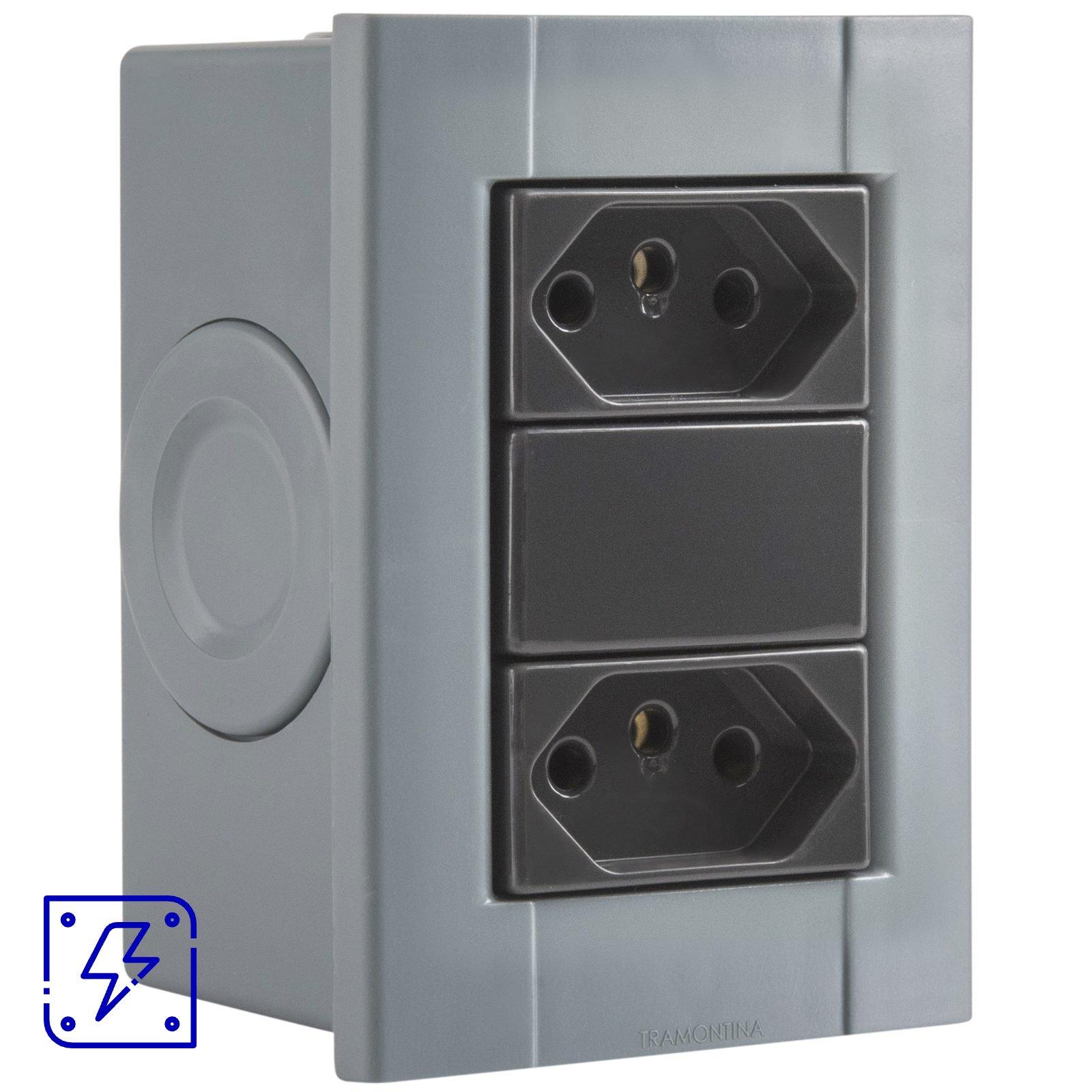 Conjunto de 2 Tomadas 2P+T Tramontina Plastibox na cor Cinza 20 A 250 V 12 UNIDADES EMB.MINIMA