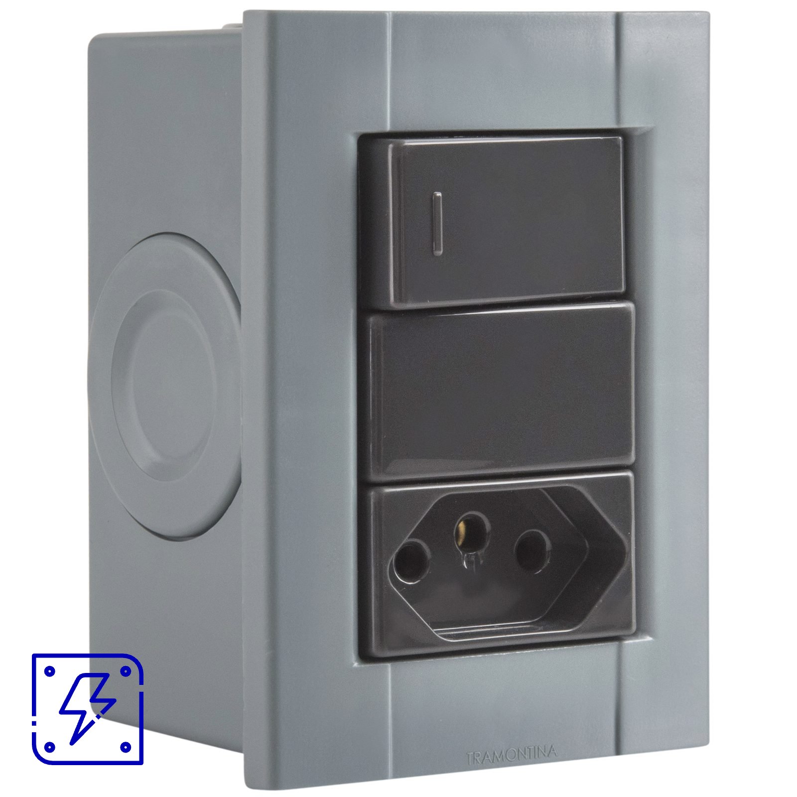 Conjunto de 1 Interruptor Simples e 1 Tomada 2P+T Tramontina Plastibox Cor Cinza 10 A 250 V 12 UNIDADES EMB.MINIMA