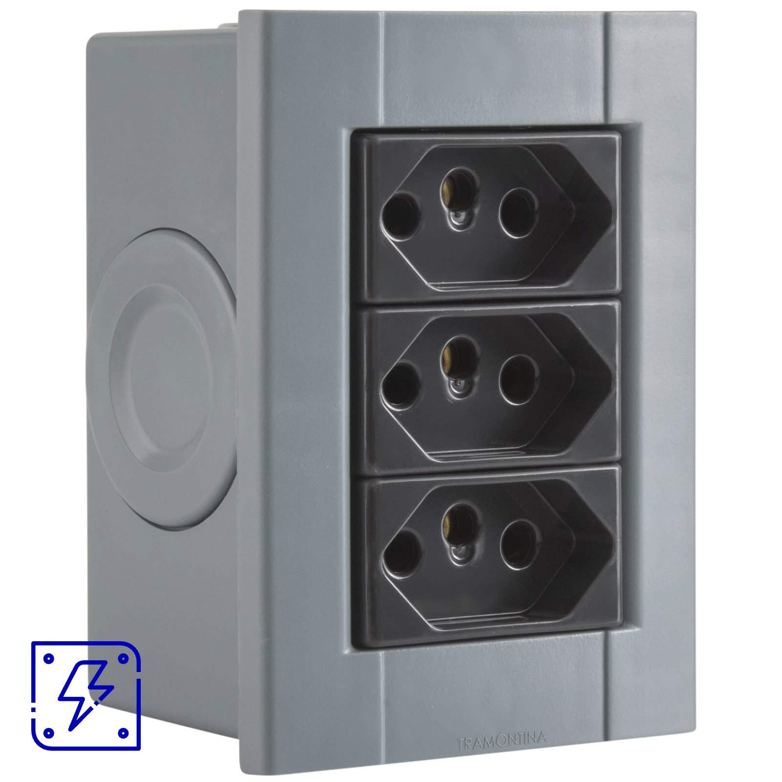 Conjunto de 3 Tomadas 2P+T Tramontina Plastibox na cor Cinza 10 A 250 V 12 UNIDADES EMB.MINIMA
