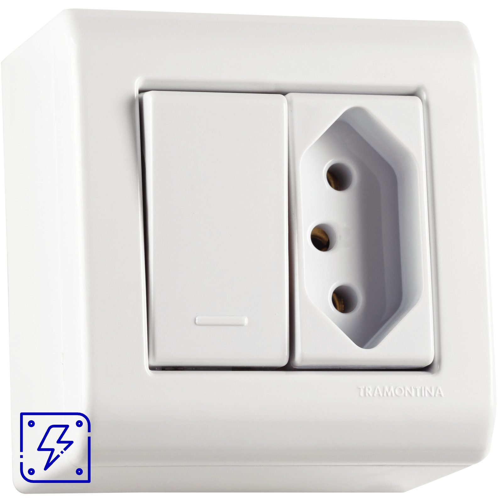 Caixa de Sobrepor com 1 Interruptor Simples 10 A 250 V e 1 Tomada 2P+T 20 A 250 V Tramontina Lizflex Branca 10 UNIDADES EMB.MINIMA