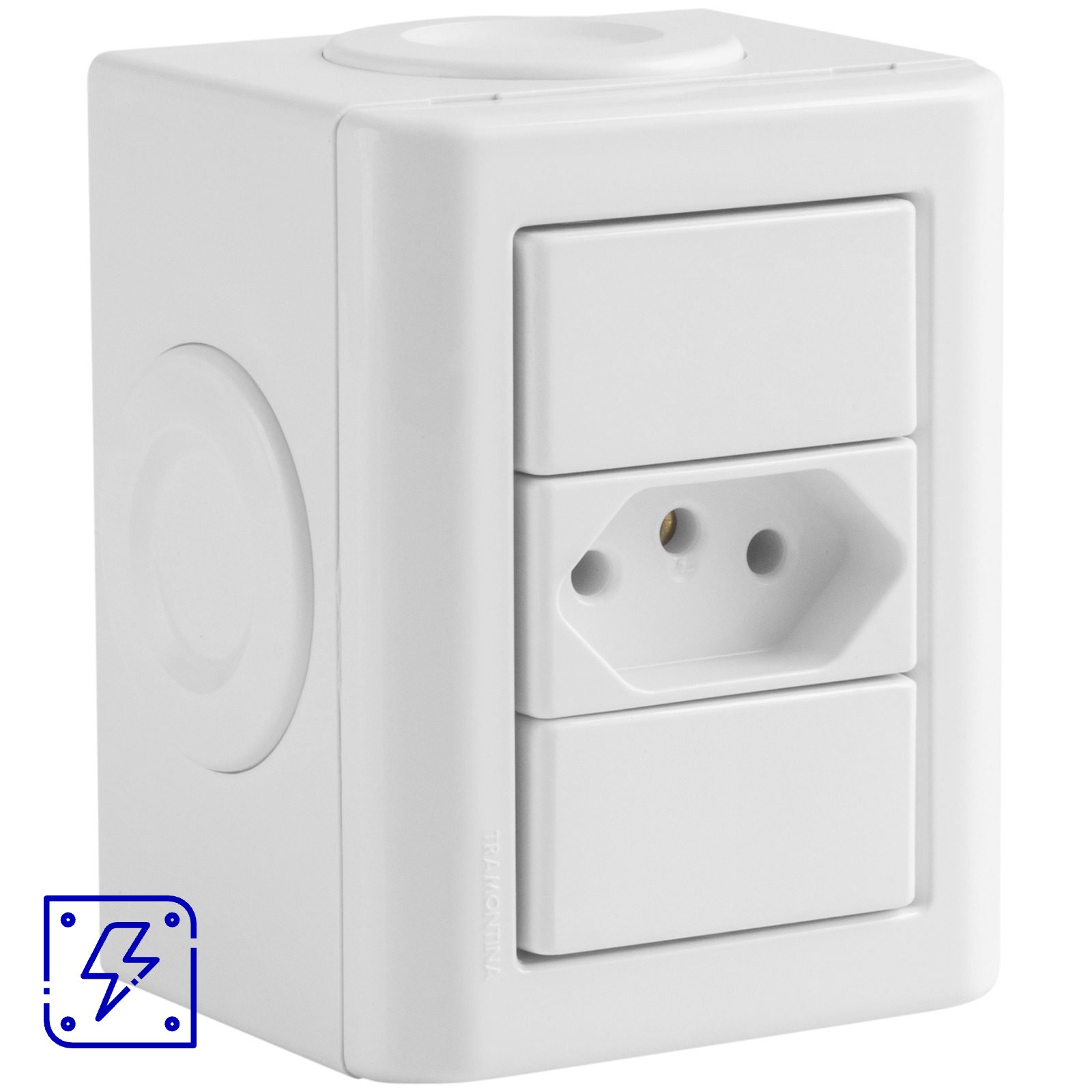 Conjunto Lizflex multiuso X branco c/1 tomada 2P+T 10A/250V branco + 3 tampões 12 UNIDADES EMB.MINIMA