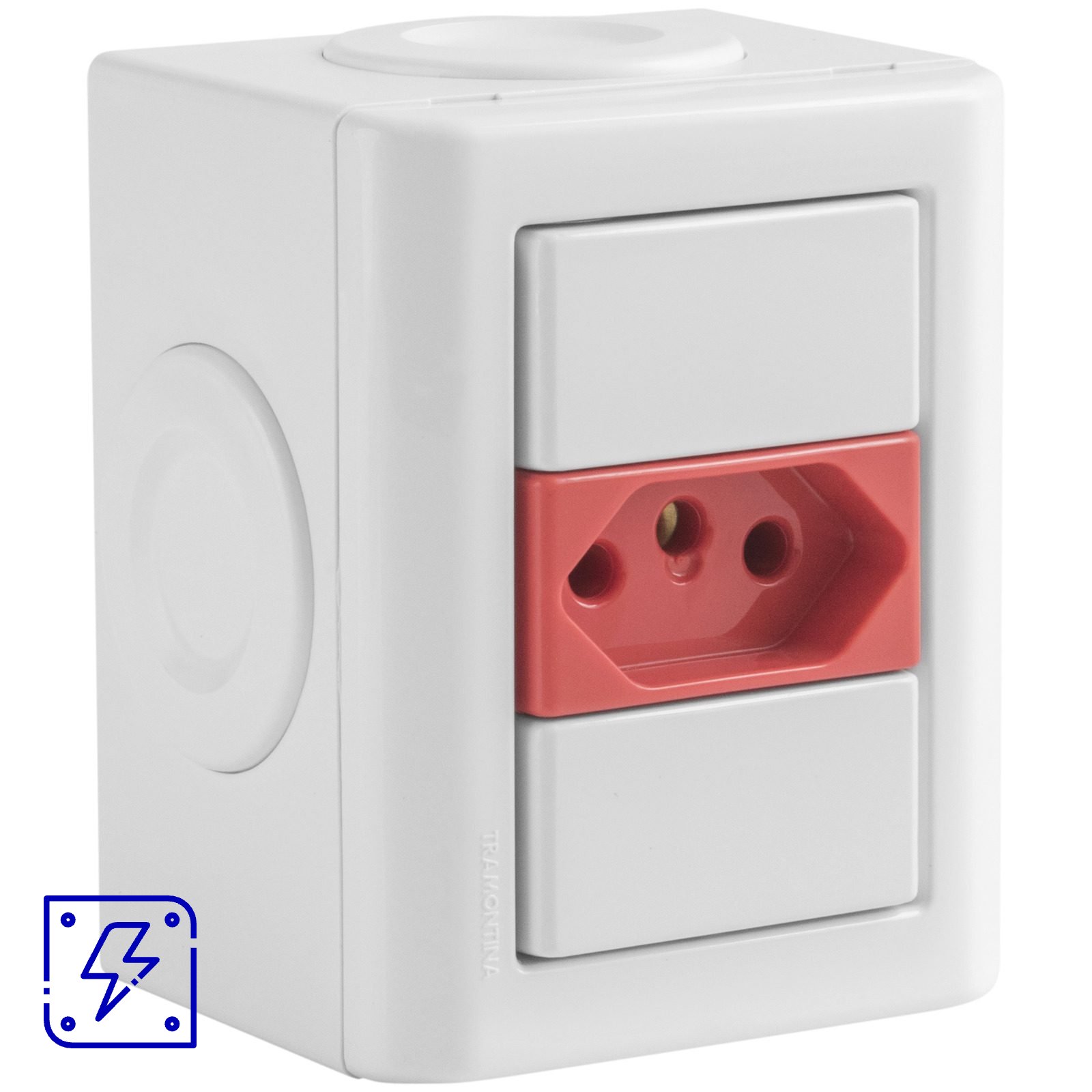 Conjunto Lizflex multiuso X branco c/1 tomada 2P+T 20A/250V vermelha + 3 tampões 12 UNIDADES EMB.MINIMA