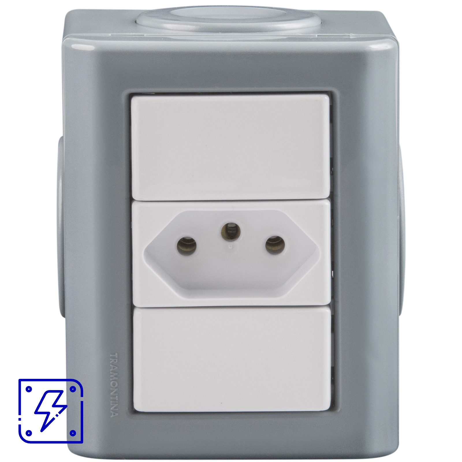 Conjunto Lizflex multiuso X cinza c/1 tomada 2P+T 10A/250V branca + 3 tampões 12 UNIDADES EMB.MINIMA