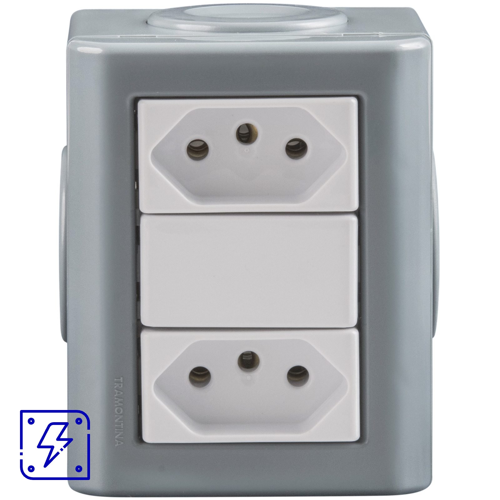 Conjunto Lizflex multiuso X cinza c/2 tomadas 2P+T 10A/250V brancas + 3 tampões 12 UNIDADES EMB.MINIMA