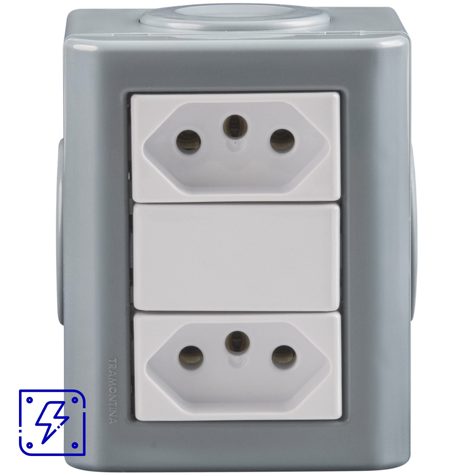 Conjunto Lizflex multiuso X cinza c/2 tomadas 2P+T 20A/250V brancas + 3 tampões 12 UNIDADES EMB.MINIMA
