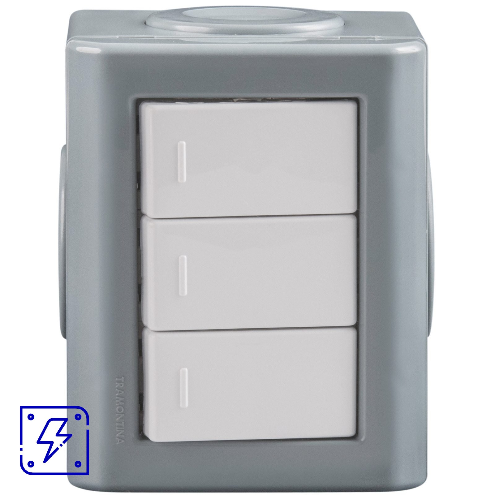 Conjunto Lizflex multiuso X cinza c/3 interruptores simples 10A/250V brancos + 3 tampões 12 UNIDADES EMB.MINIMA