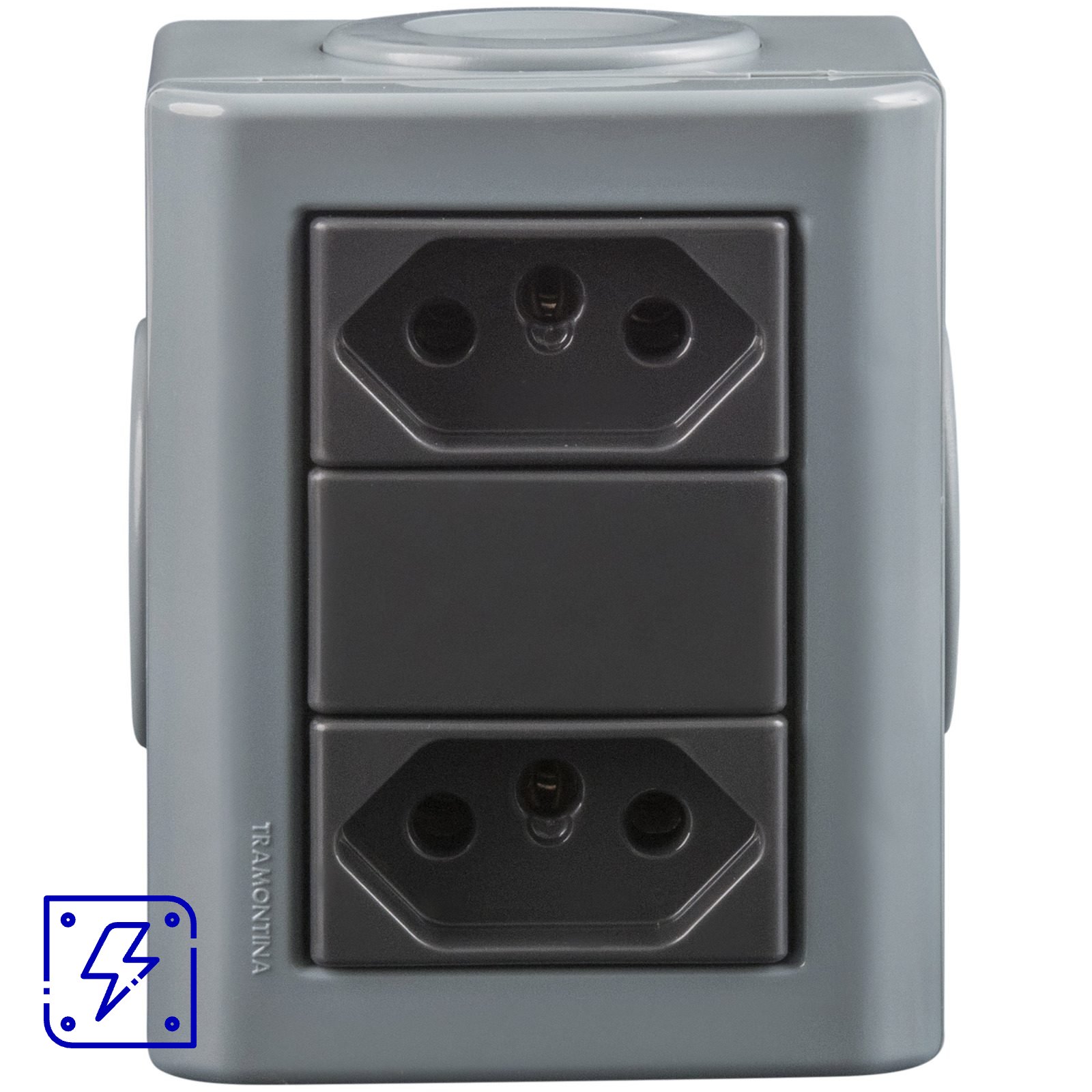 Conjunto Lizflex multiuso X cinza c/2 tomadas 2P+T 20A/250V grafite + 3 tampões 12 UNIDADES EMB.MINIMA