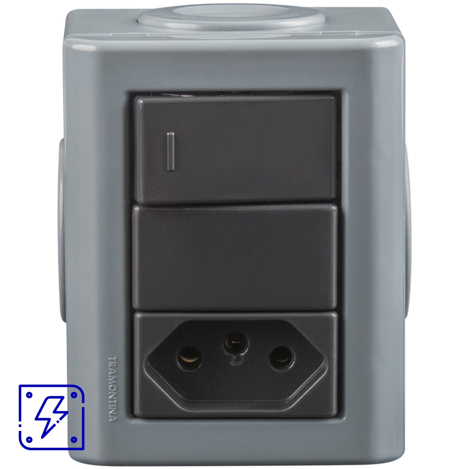 Conjunto Lizflex multiuso X cz c/1 interruptor simples 10A/250V 1 tomada 2P+T 10A/250V grafite + 3 tampões 12 UNIDADES EMB.MINIMA