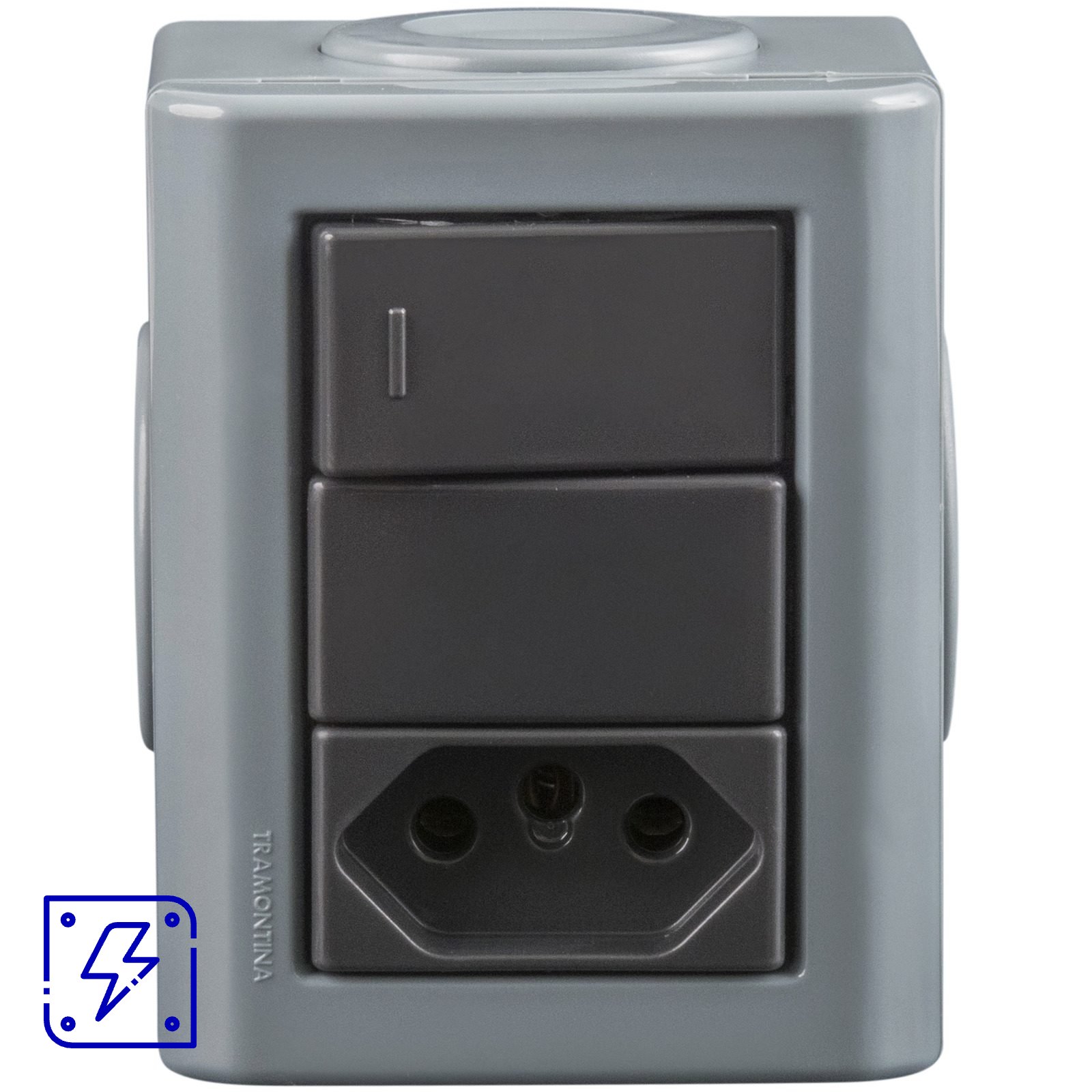 Conjunto Lizflex multiuso X cz c/1 interruptor simples 10A/250V 1 tomada 2P+T 20A/250V grafite 3 tampões 12 UNIDADES EMB.MINIMA