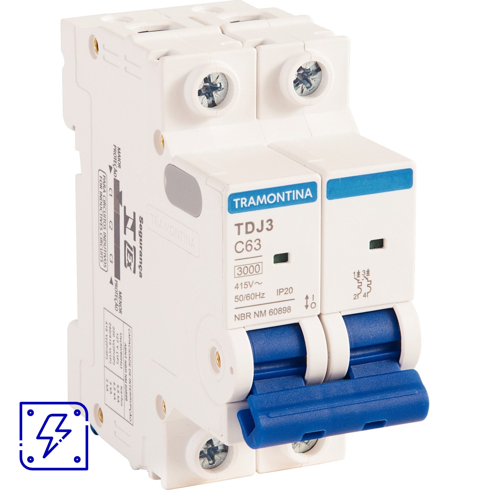 Minidisjuntor TDJ3 2 P 63 A 3 kA curva C Tramontina 6 UNIDADES EMB.MINIMA