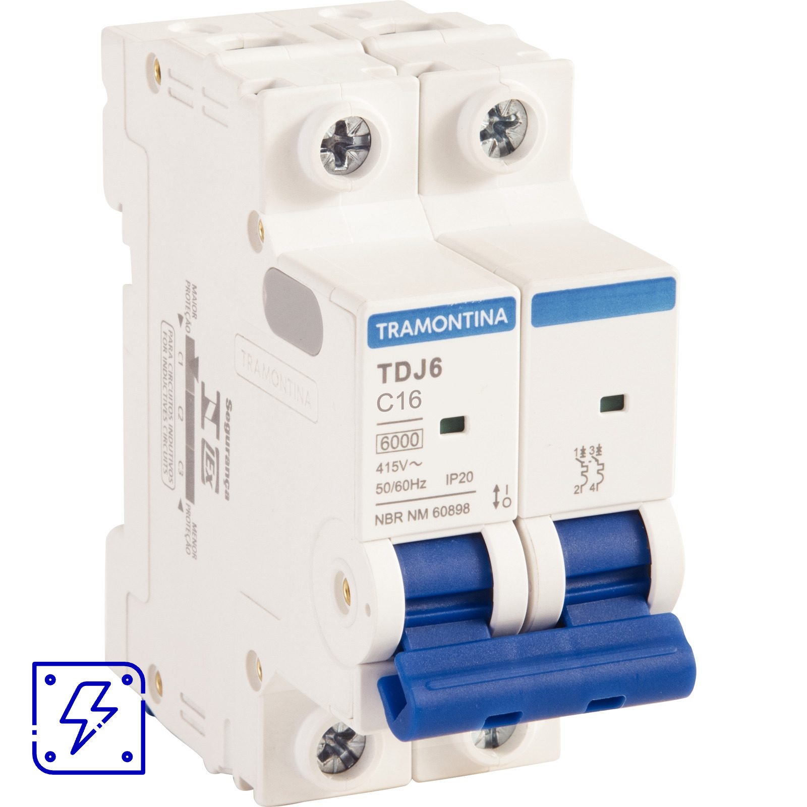 Minidisjuntor TDJ6 2 P 16 A 6kA curva C Tramontina 6 UNIDADES EMB.MINIMA