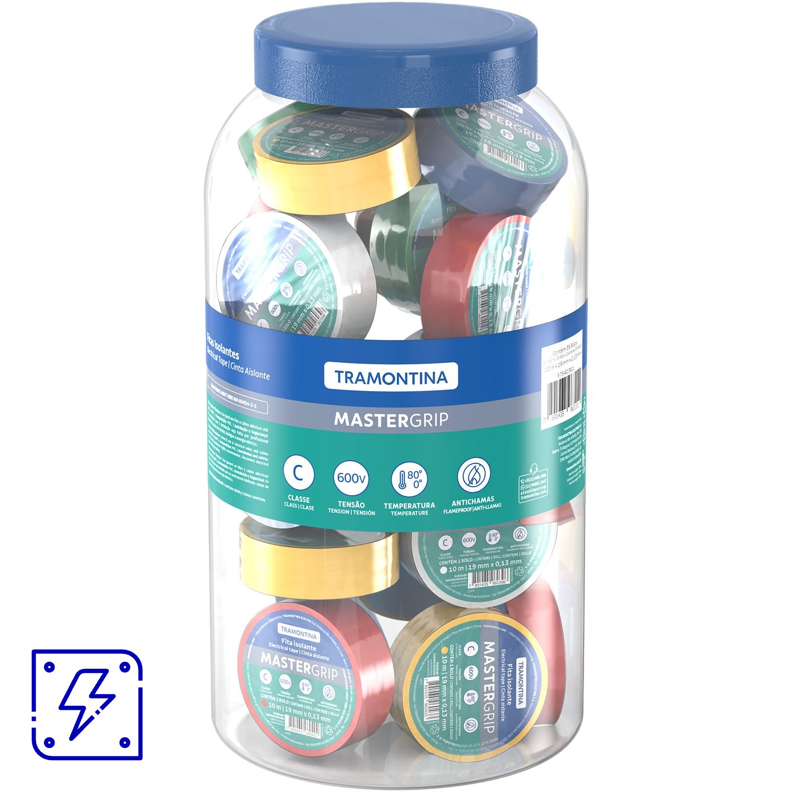 Pote com 35 Rolos de Fitas Isolantes Coloridas Classe C 0,13x19 mm Tramontina 10 m 70 UNIDADES EMB.MINIMA