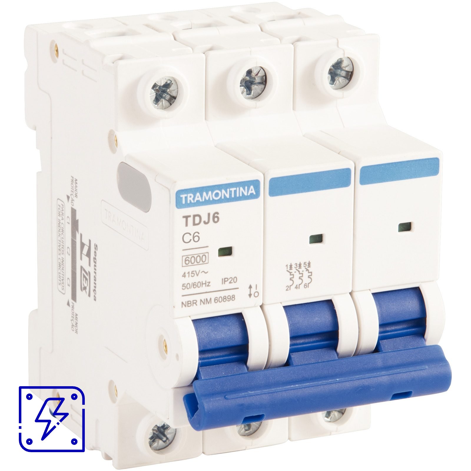 Minidisjuntor TDJ6 3 P 6 A 6kA curva C Tramontina 4 UNIDADES EMB.MINIMA