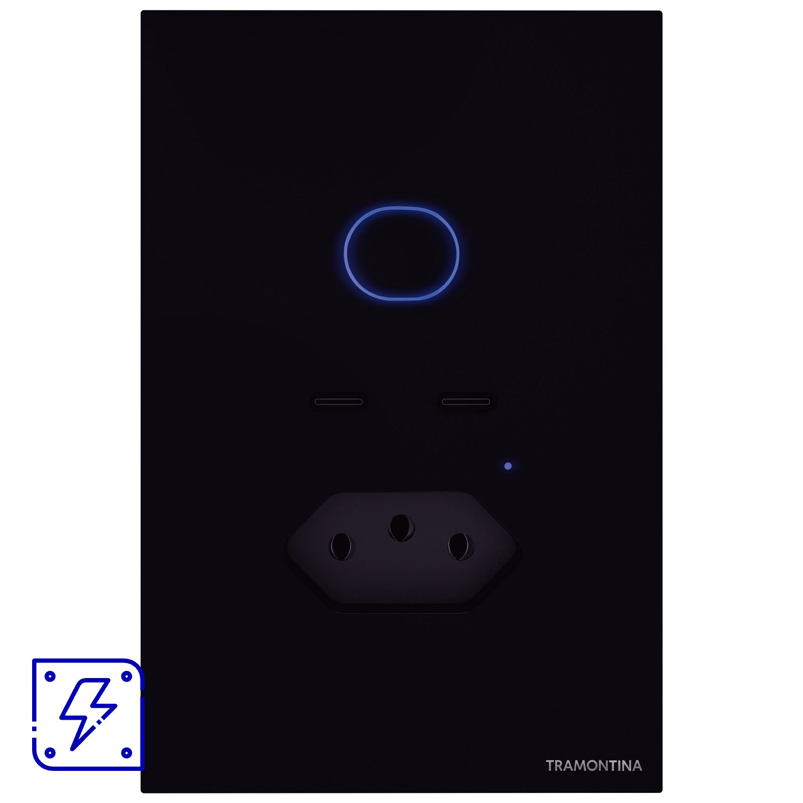 Interruptor Touch Smart Tramontina Onne Preto 1 Tecla 1 Tomada 2P+T 10 A 2 USB-C 5 V 250 V 1 UNIDADES EMB.MINIMA
