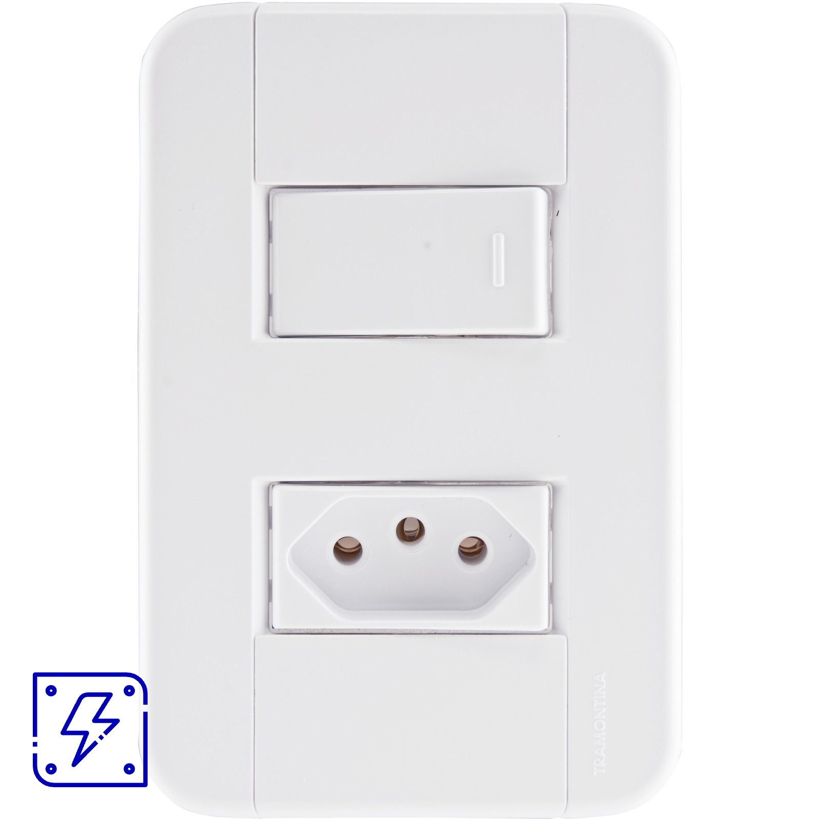 Conjunto 4x2 com 1 Interruptor Simples 10 A 250 V e 1 Tomada 2P+T 20 A 250 V Tramontina Tablet Branco 10 UNIDADES EMB.MINIMA