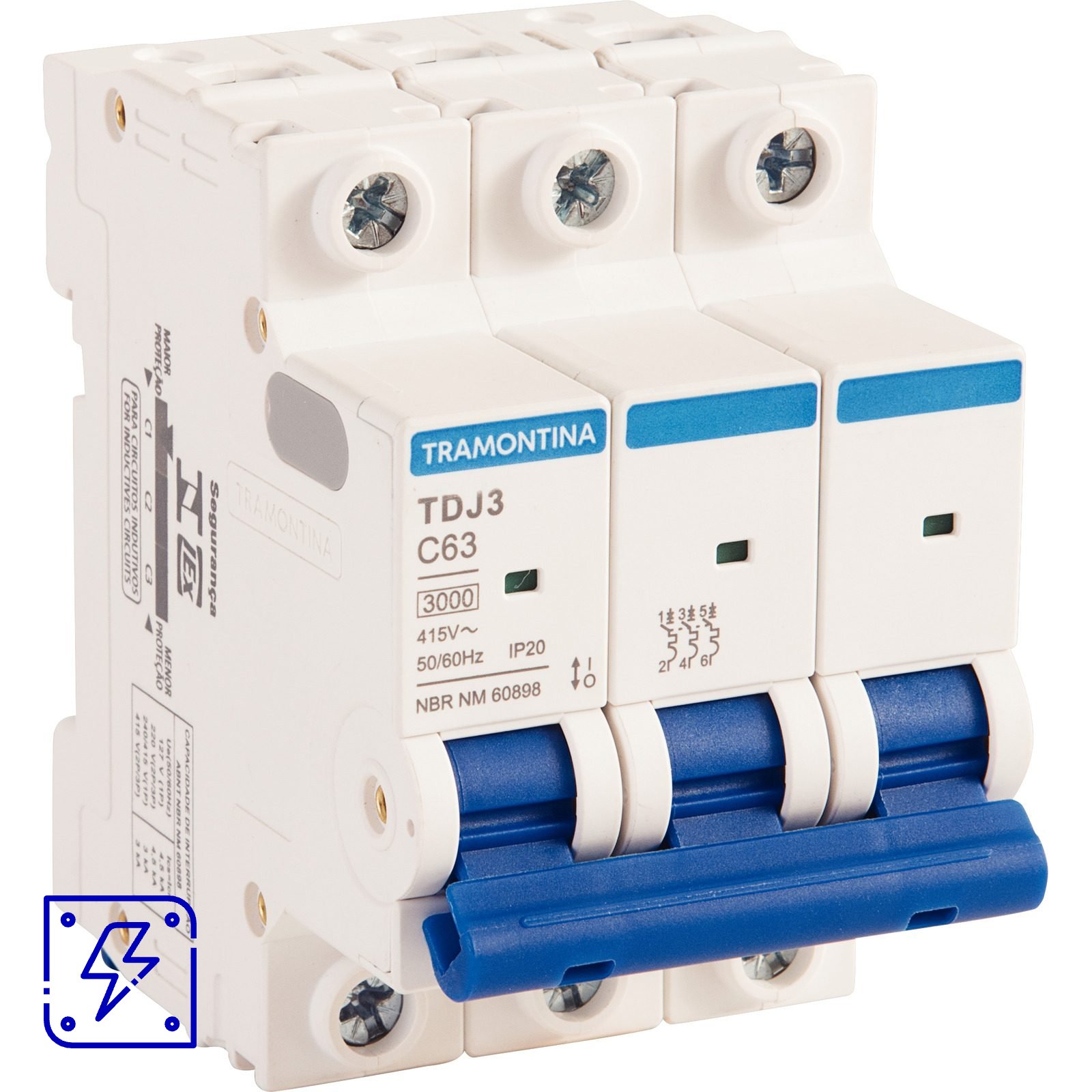 Minidisjuntor TDJ3 3 P 63 A 3 kA curva C Tramontina 4 UNIDADES EMB.MINIMA