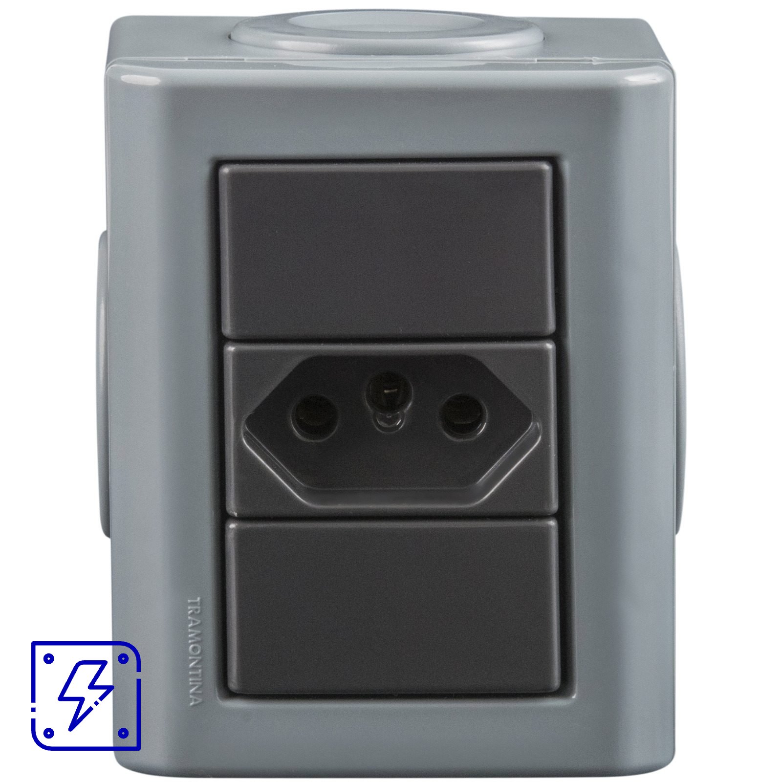 Conjunto Lizflex multiuso X cinza c/1 tomada 2P+T 20A/250V grafite + 3 tampões 12 UNIDADES EMB.MINIMA